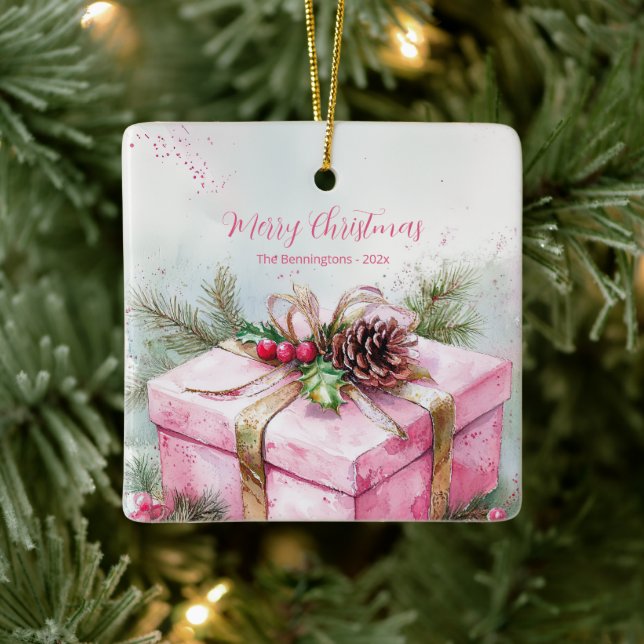 Elegant Pink Vintage Christmas Ceramic Ornament (Tree)