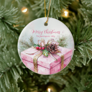 Elegant Pink Vintage Christmas Round Ceramic Ornament