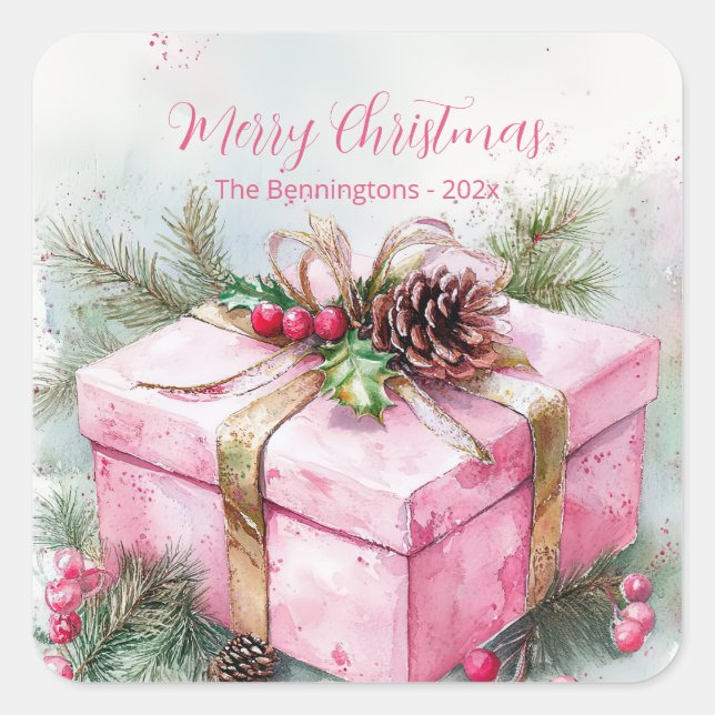 Elegant Pink Vintage Christmas Square Sticker (Front)