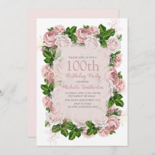 Elegant Pink Vintage Floral 100th Birthday Party Invitation