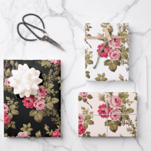 Elegant Pink Vintage Roses on Black/White/Buff BG Wrapping Paper Sheet