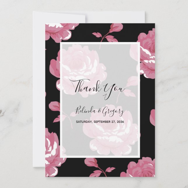 Elegant Pink Vintage Roses Wedding Thank You Card (Back)