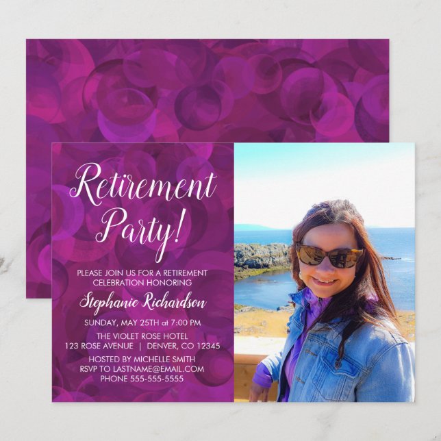 Elegant Pink Violet Rose Photo Retirement Party Invitation (Front/Back)