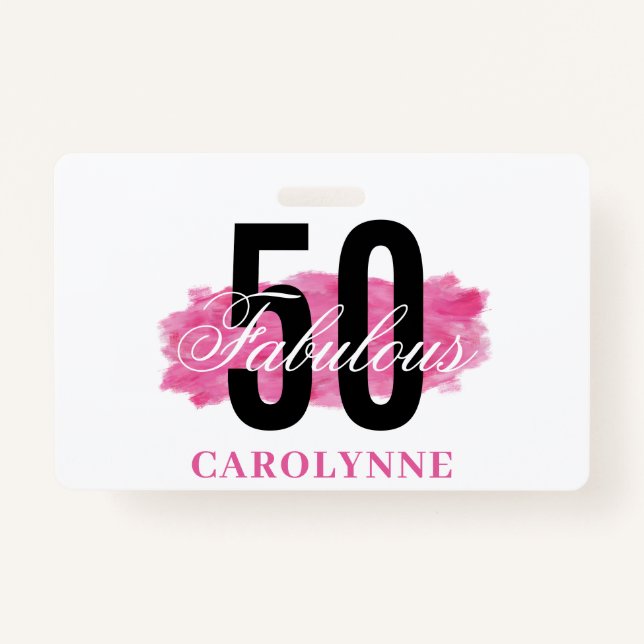 Elegant Pink Watercolor 50th Birthday Party Badge (Front)
