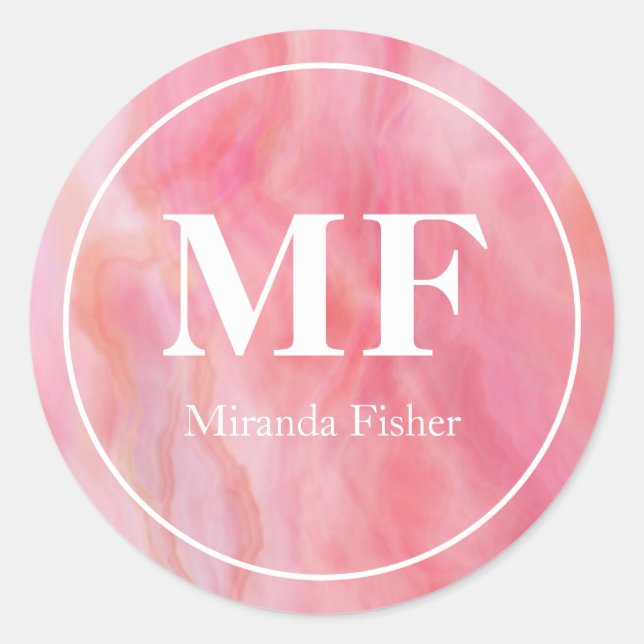 Elegant Pink Watercolor Agate Pattern - Monogram   Classic Round Sticker (Front)