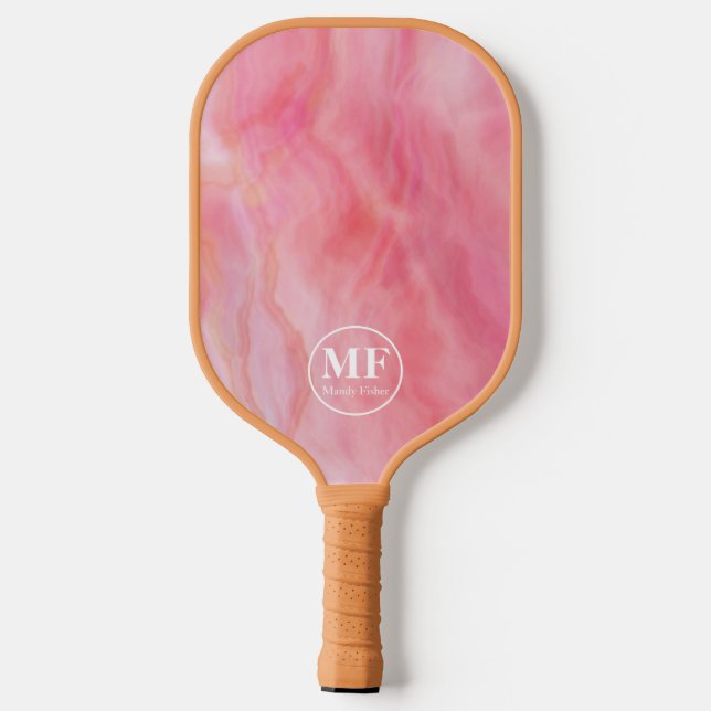 Elegant Pink Watercolor Agate Pattern - Monogram Pickleball Paddle (Back)