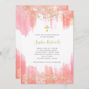 Elegant Pink Watercolor and Gold   Baptism Invitation