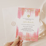 Elegant Pink Watercolor and Gold | Bat Mitzvah Invitation<br><div class="desc">These gorgeous and elegant Bat Mitzvah invitations feature trendy watercolor painterly strokes in feminine shades of pink,  coral,  and orange,  with faux gold glitter look confetti and a Star of David.</div>