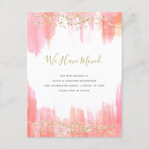Elegant Pink Watercolor and Gold   New Address Announcement Postcard