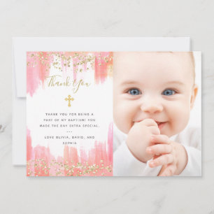 Elegant Pink Watercolor and Gold Photo Baptism Thank You Card
