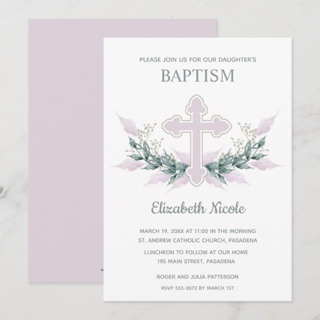 Elegant Pink Watercolor Baptism Invitations (Front/Back)