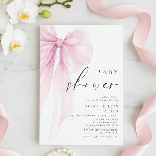 Elegant Pink Watercolor Bow Baby Shower Invitation