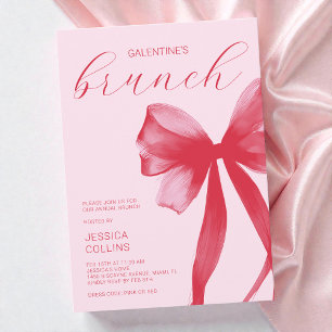 Elegant Pink Watercolor Bow Galentine's Day Brunch Invitation