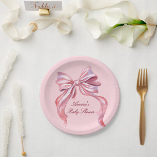 Elegant Pink Watercolor Bow Girl Baby Shower Paper Plate