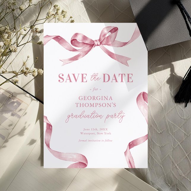 Elegant Pink Watercolor Bow Graduation Save The Date (Creator Uploaded)