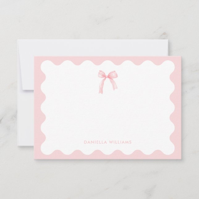 Elegant Pink Watercolor Bow Personalized Note Card (Front)