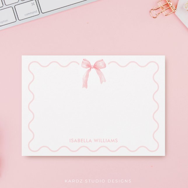 Elegant Pink Watercolor Bow Personalized Note Card (Flat note card is shown in 3.5 x 5 inches. Add name, choose size and corner style.)