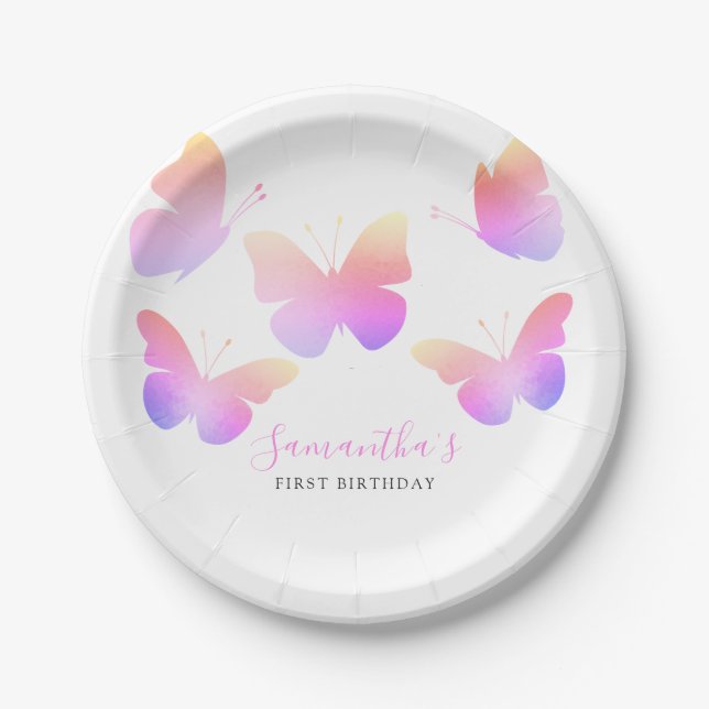 Elegant Pink Watercolor Butterfly 1st Birthday   Paper Plate (Front)