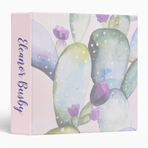 Elegant Pink Watercolor Cactus & Purple Blossoms Binder