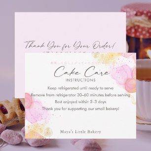 Elegant Pink Watercolor Cake Care Instructions Thank You Card