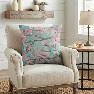 Elegant Pink Watercolor Cherry Blossoms On Agate Throw Pillow