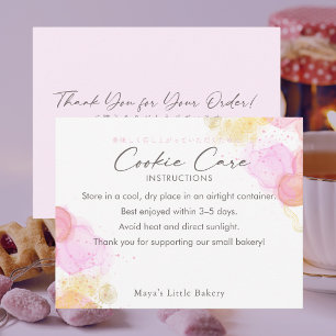 Elegant Pink Watercolor Cookie Care Instructions Thank You Card