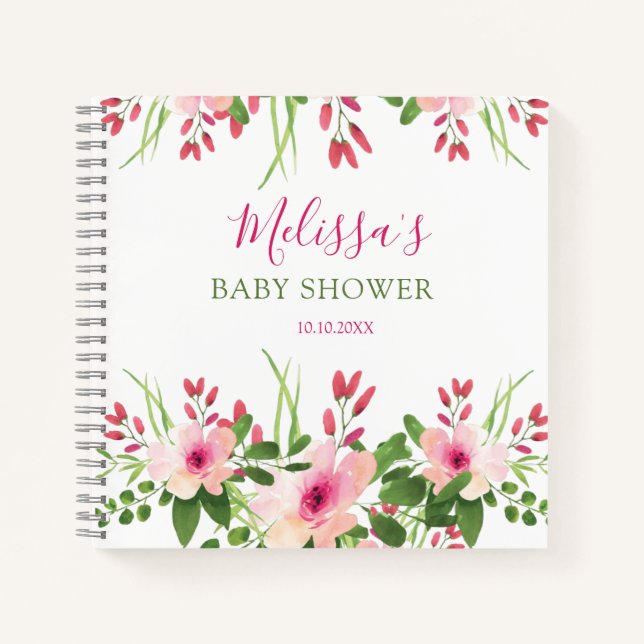 Elegant Pink Watercolor Floral Baby Shower Guest  Notebook (Front)