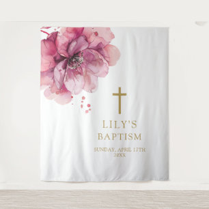 Elegant Pink Watercolor Floral Baptism Backdrop Tapestry