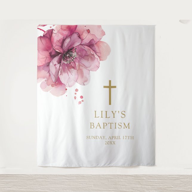 Elegant Pink Watercolor Floral Baptism Backdrop Tapestry (Front)