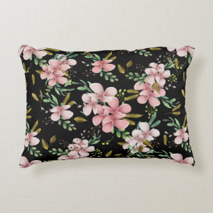 Elegant Pink Watercolor Floral Black Botanical Accent Pillow