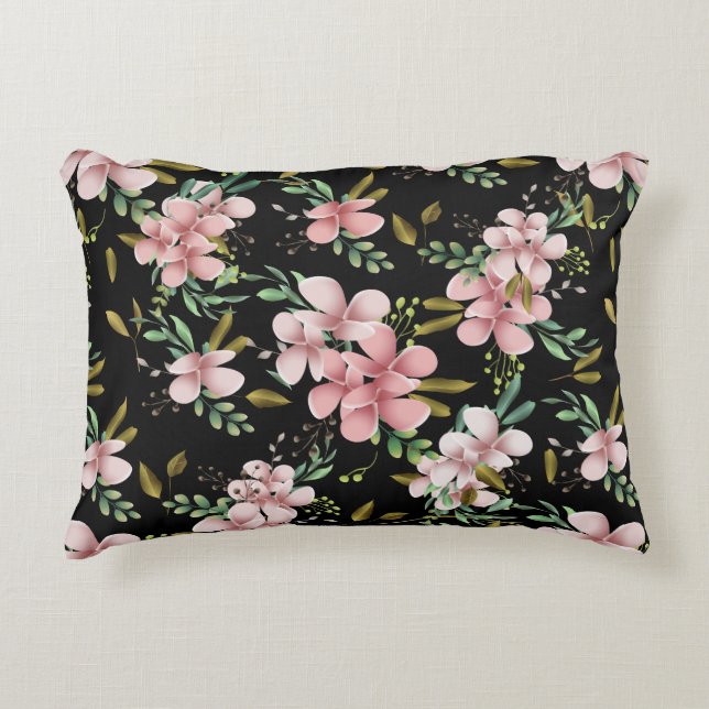 Elegant Pink Watercolor Floral Black Botanical Accent Pillow (Front)