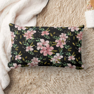 Elegant Pink Watercolor Floral Black Botanical Lumbar Pillow