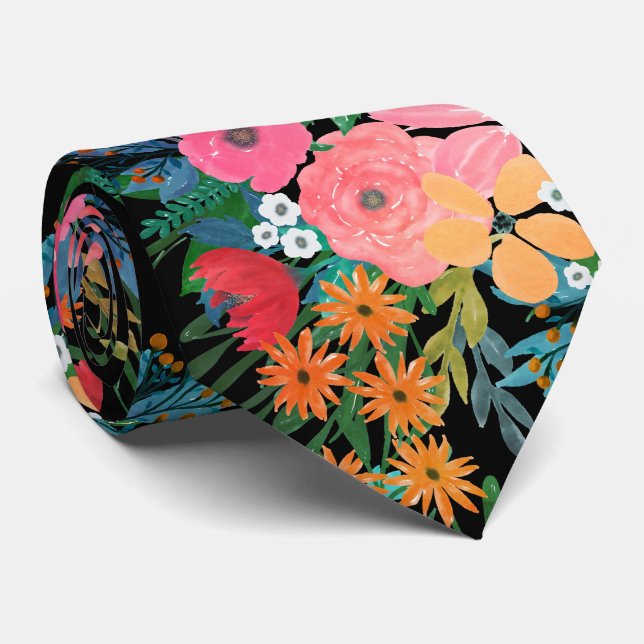 Elegant Pink watercolor Floral Bouquet Design Tie (Rolled)