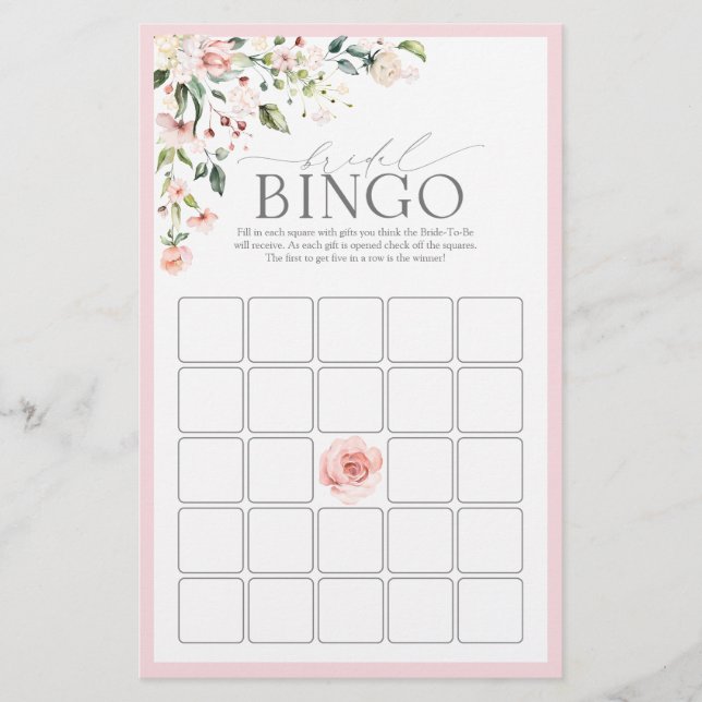 Elegant Pink Watercolor Floral Bridal Bingo Game (Front)