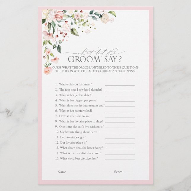 Elegant Pink Watercolor Floral Bridal Shower Game (Front)