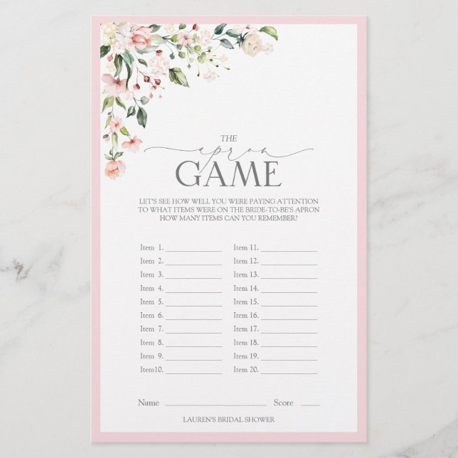 Elegant Pink Watercolor Floral Bridal Shower Game (Front)