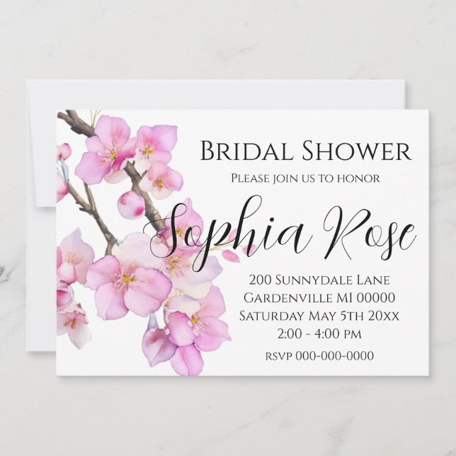 Elegant pink watercolor floral cherry blossoms invitation (Front)