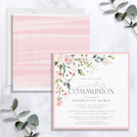 Elegant Pink Watercolor Floral First Communion