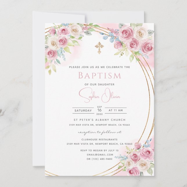 Elegant Pink Watercolor Floral Girl Baptism Invita Invitation (Front)