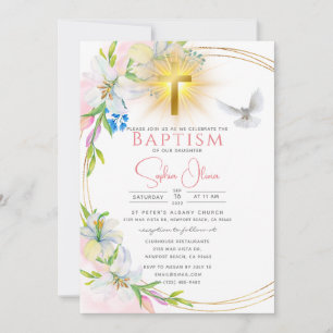 Elegant Pink Watercolor Floral Girl Baptism Invitation