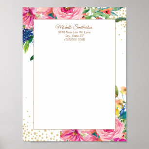 Elegant Pink Watercolor Floral Glitter Letterhead Poster