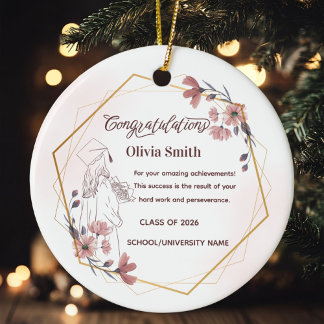 Elegant Pink Watercolor Floral Graduation Ceramic Ornament