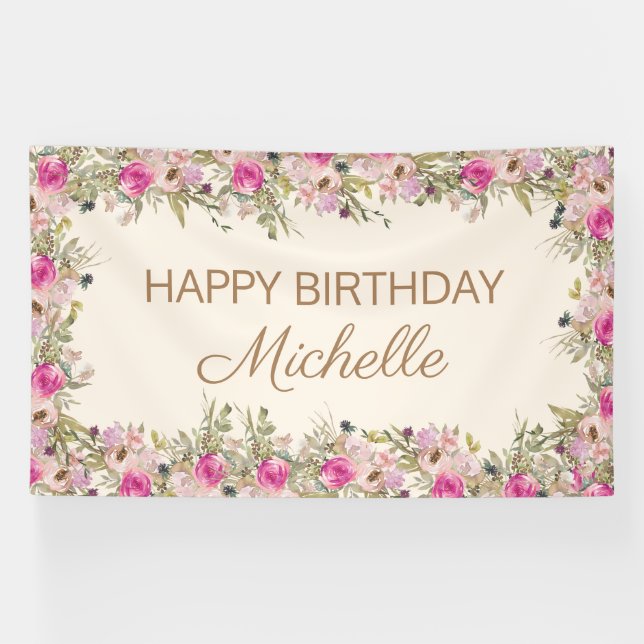 Elegant Pink Watercolor Floral Happy Birthday Banner (Horizontal)