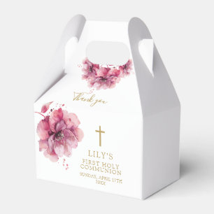 Elegant Pink Watercolor Floral Holy Communion Favor Box