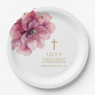 Elegant Pink Watercolor Floral Holy Communion Paper Plate
