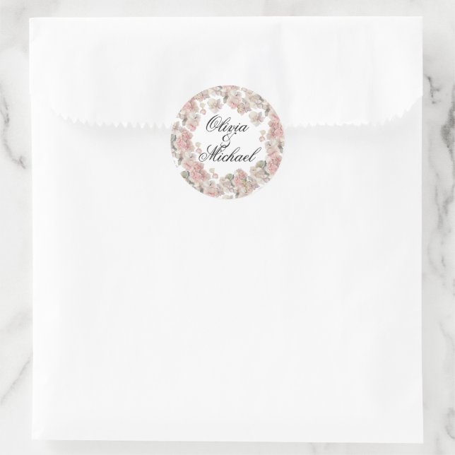 Elegant pink watercolor floral hydrangeas  classic round sticker (Bag)