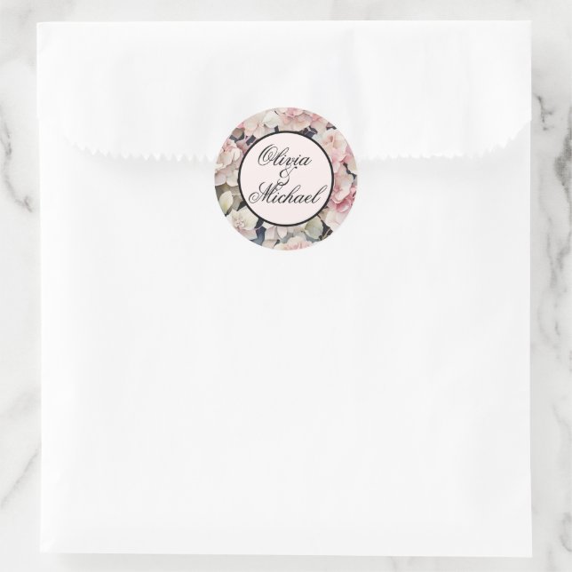 Elegant pink watercolor floral hydrangeas  classic round sticker (Bag)