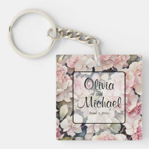 Elegant pink watercolor floral hydrangeas keychain