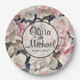 Elegant pink watercolor floral hydrangeas paper plate