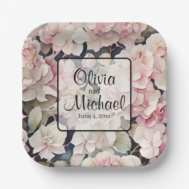 Elegant pink watercolor floral hydrangeas  paper plate (Front)